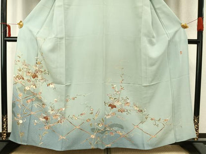 平和屋着物▽結城紬 単衣 作家物 花唐草文 金糸 金彩 正絹 逸品 AABA7793fy