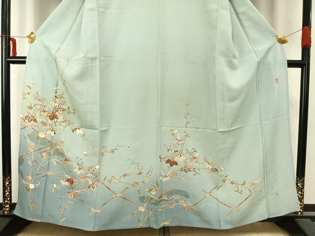 平和屋着物▽結城紬 単衣 作家物 花唐草文 金糸 金彩 正絹 逸品 AABA7793fy