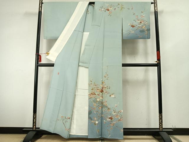 平和屋着物▽結城紬 単衣 作家物 花唐草文 金糸 金彩 正絹 逸品 AABA7793fy