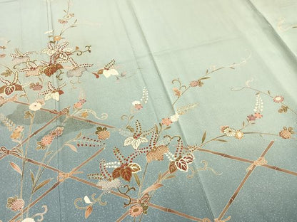 平和屋着物▽結城紬 単衣 作家物 花唐草文 金糸 金彩 正絹 逸品 AABA7793fy