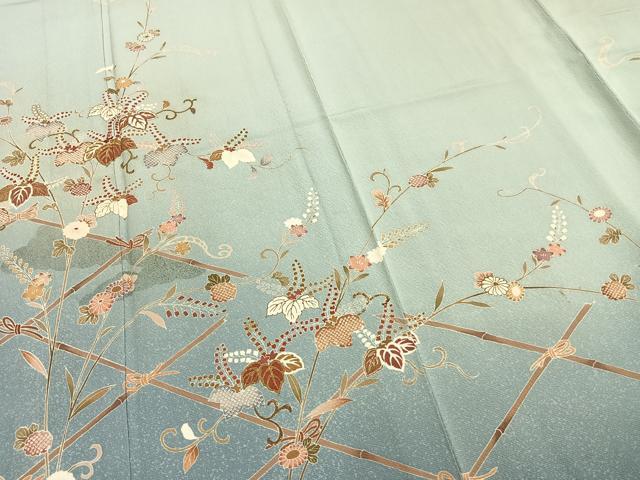 平和屋着物▽結城紬 単衣 作家物 花唐草文 金糸 金彩 正絹 逸品 AABA7793fy