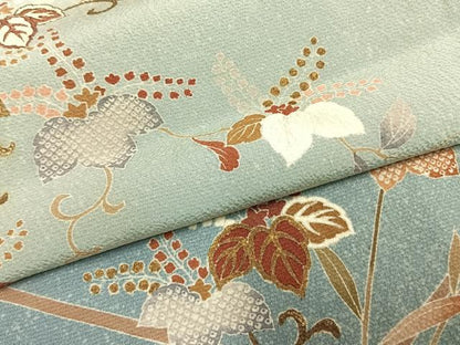 平和屋着物▽結城紬 単衣 作家物 花唐草文 金糸 金彩 正絹 逸品 AABA7793fy