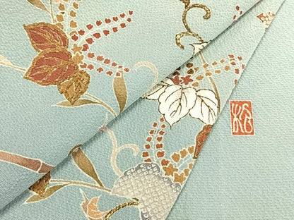 平和屋着物▽結城紬 単衣 作家物 花唐草文 金糸 金彩 正絹 逸品 AABA7793fy