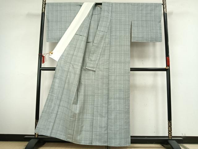 平和屋着物▽上質な紬 単衣 格子 正絹 逸品 未使用 AABA7795fy