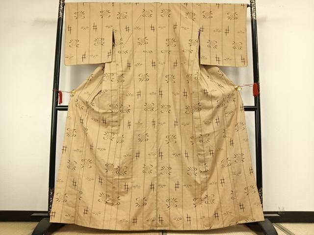 平和屋着物▽上質な紬 単衣 花蝶間道 正絹 逸品 AABA7799fy