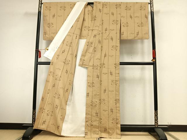 平和屋着物▽上質な紬 単衣 花蝶間道 正絹 逸品 AABA7799fy