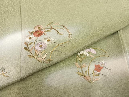 平和屋着物●訪問着 刺繍 草花文 暈し染め 金銀糸 正絹 逸品 AABA7807ph