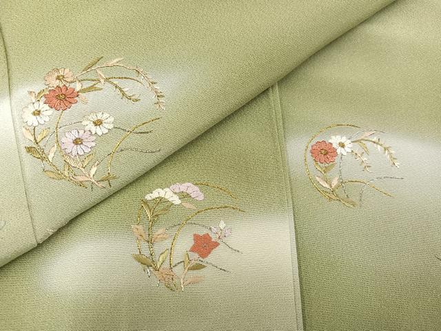 平和屋着物●訪問着 刺繍 草花文 暈し染め 金銀糸 正絹 逸品 AABA7807ph