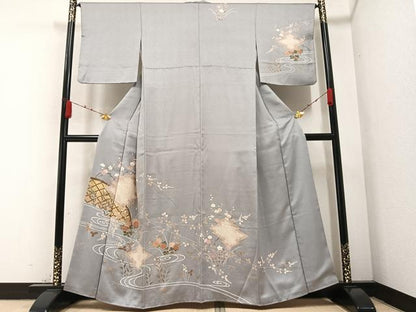 平和屋着物●訪問着 絞り 流水枝花籬文 金彩 正絹 逸品 AABA7873ph