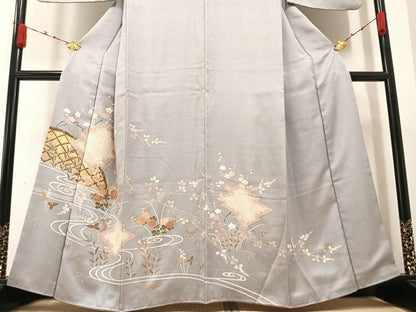 平和屋着物●訪問着 絞り 流水枝花籬文 金彩 正絹 逸品 AABA7873ph