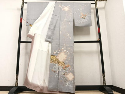 平和屋着物●訪問着 絞り 流水枝花籬文 金彩 正絹 逸品 AABA7873ph