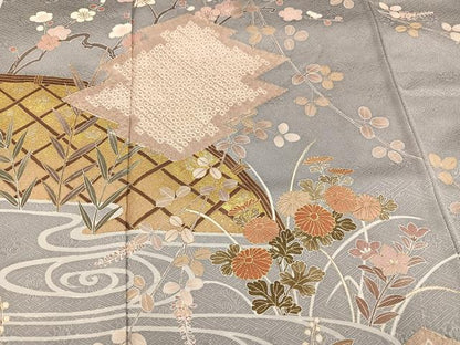 平和屋着物●訪問着 絞り 流水枝花籬文 金彩 正絹 逸品 AABA7873ph
