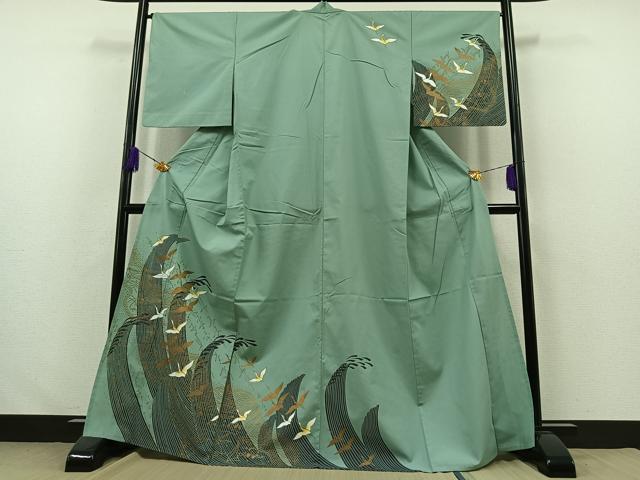 平和屋着物▽訪問着 単衣 立波飛鶴文 金彩 洗える着物 AABA7912jh
