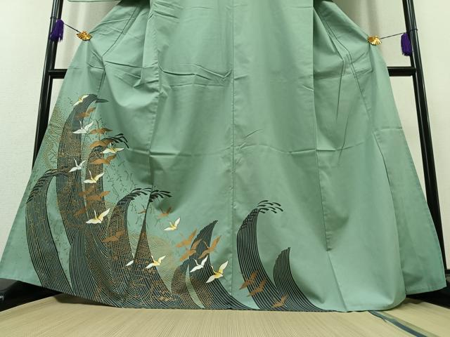 平和屋着物▽訪問着 単衣 立波飛鶴文 金彩 洗える着物 AABA7912jh