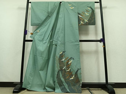 平和屋着物▽訪問着 単衣 立波飛鶴文 金彩 洗える着物 AABA7912jh