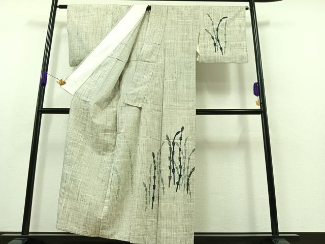 平和屋着物▽訪問着 単衣 紬地 パッチワーク 土筆 正絹 逸品 AABA7916jh