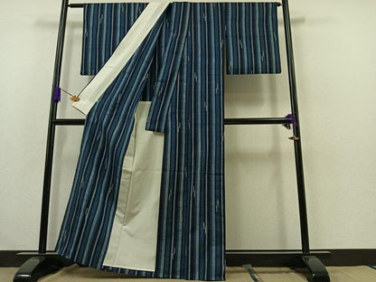 平和屋着物▽上質な紬 単衣 縞 鈴乃屋扱い 正絹 逸品 AABA7918jh
