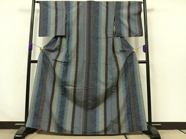 平和屋着物▽上質な紬 単衣 枝葉文 正絹 逸品 AABA7919jh