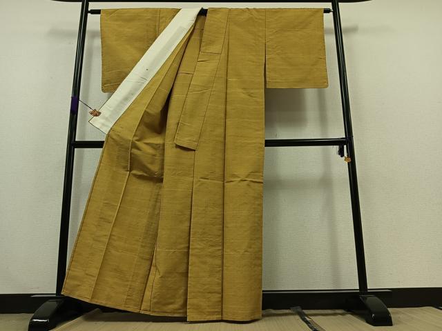 平和屋着物▽上質な紬 　単衣　 芥子色　正絹　逸品　未使用　AABA7920jh