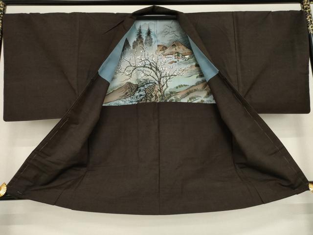 平和屋着物●男性　紬　アンサンブル　色無地　赤墨色　正絹　逸品　AABA7942ck