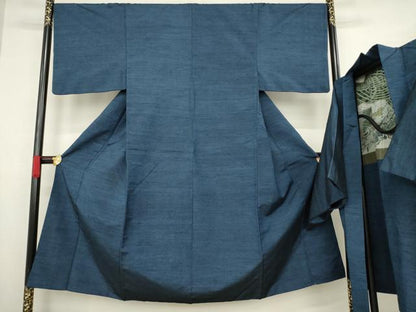 平和屋着物●男性 紬 アンサンブル 色無地 藍鉄色 正絹 逸品 AABA7989ck