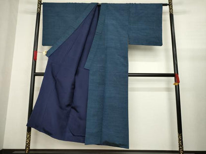 平和屋着物●男性 紬 アンサンブル 色無地 藍鉄色 正絹 逸品 AABA7989ck