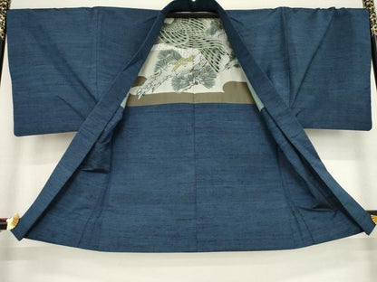 平和屋着物●男性 紬 アンサンブル 色無地 藍鉄色 正絹 逸品 AABA7989ck
