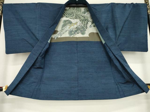 平和屋着物●男性 紬 アンサンブル 色無地 藍鉄色 正絹 逸品 AABA7989ck