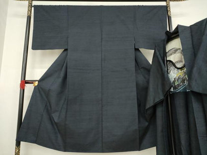 平和屋着物●男性　紬　アンサンブル　藍鉄色　正絹　逸品　AABA7998ck