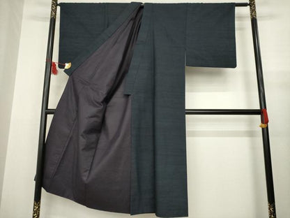 平和屋着物●男性　紬　アンサンブル　藍鉄色　正絹　逸品　AABA7998ck