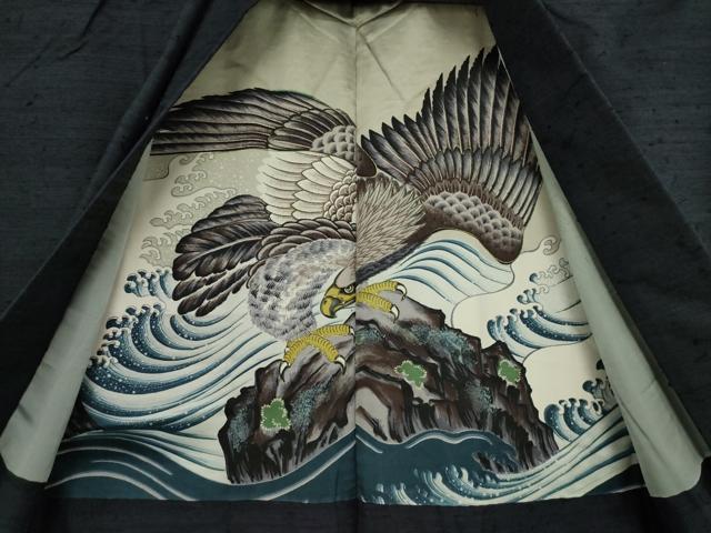 平和屋着物●男性　紬　アンサンブル　藍鉄色　正絹　逸品　AABA7998ck