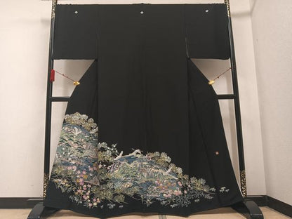 平和屋着物●豪華黒留袖 友禅 作家物 群れ鶴風景草花文 正絹 逸品 AABA8218ph