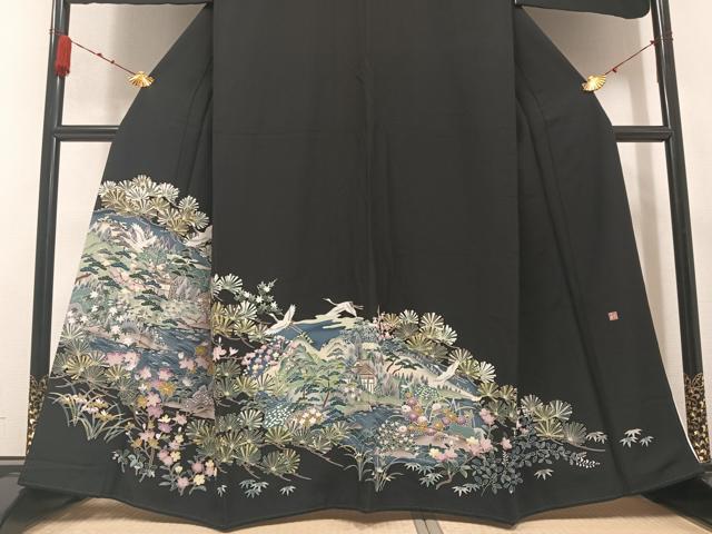 平和屋着物●豪華黒留袖 友禅 作家物 群れ鶴風景草花文 正絹 逸品 AABA8218ph
