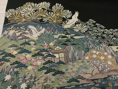 平和屋着物●豪華黒留袖 友禅 作家物 群れ鶴風景草花文 正絹 逸品 AABA8218ph