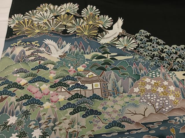 平和屋着物●豪華黒留袖 友禅 作家物 群れ鶴風景草花文 正絹 逸品 AABA8218ph