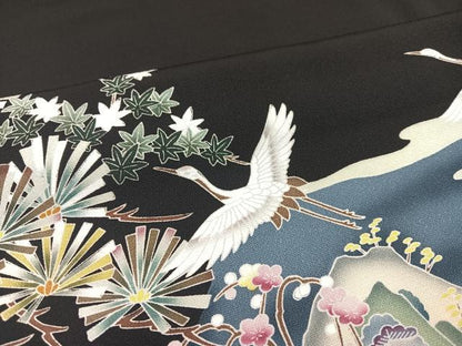 平和屋着物●豪華黒留袖 友禅 作家物 群れ鶴風景草花文 正絹 逸品 AABA8218ph