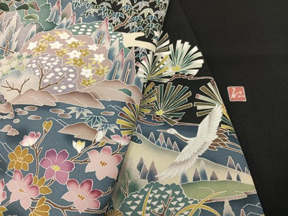 平和屋着物●豪華黒留袖 友禅 作家物 群れ鶴風景草花文 正絹 逸品 AABA8218ph