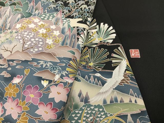 平和屋着物●豪華黒留袖 友禅 作家物 群れ鶴風景草花文 正絹 逸品 AABA8218ph