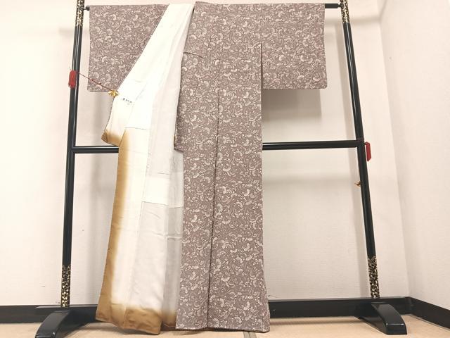 平和屋着物●上質な小紋 型染め 花蝶文 鬼しぼ縮緬 正絹 逸品 未使用 AABA8219ph