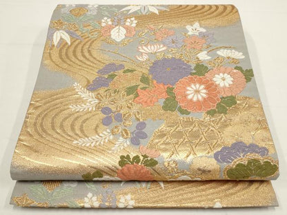 平和屋着物▼六通柄袋帯 唐織つづれ 流水草花文 金糸 正絹 逸品 AABA8311wj