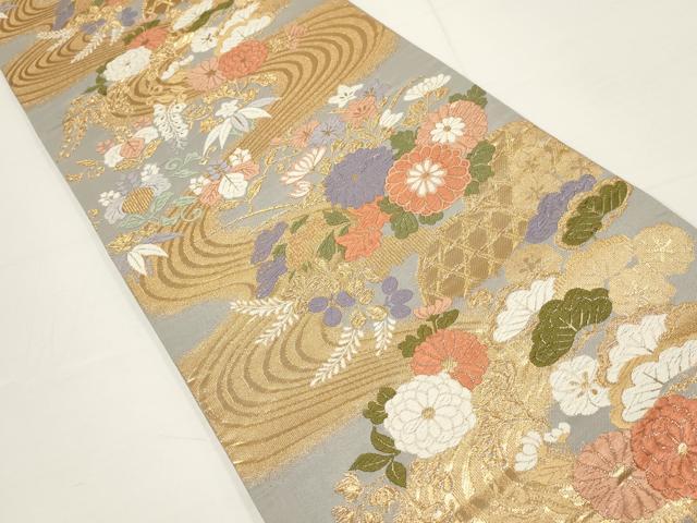 平和屋着物▼六通柄袋帯 唐織つづれ 流水草花文 金糸 正絹 逸品 AABA8311wj