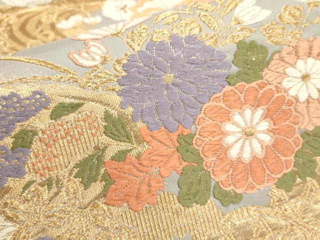 平和屋着物▼六通柄袋帯 唐織つづれ 流水草花文 金糸 正絹 逸品 AABA8311wj