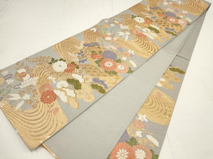 平和屋着物▼六通柄袋帯 唐織つづれ 流水草花文 金糸 正絹 逸品 AABA8311wj