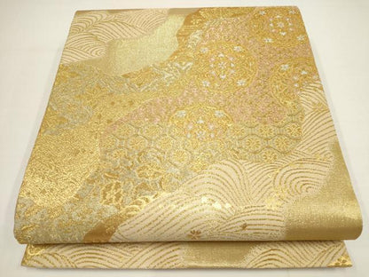 平和屋着物▼六通柄袋帯　道長花丸文　金糸　正絹　逸品　AABA8317wj