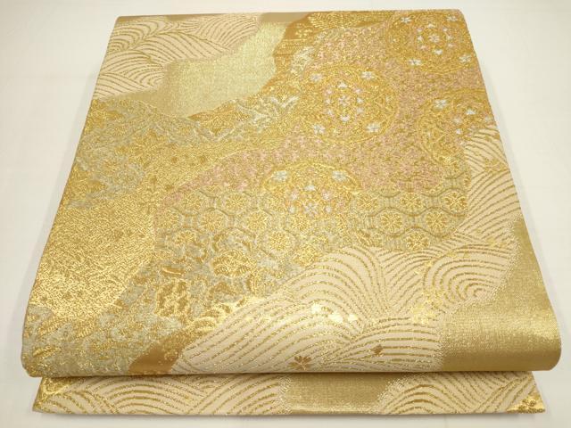 平和屋着物▼六通柄袋帯　道長花丸文　金糸　正絹　逸品　AABA8317wj