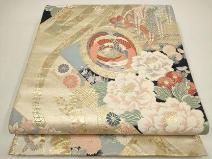 平和屋着物▼六通柄袋帯 唐織 花鳥文 金糸 正絹 逸品 AABA8318wj
