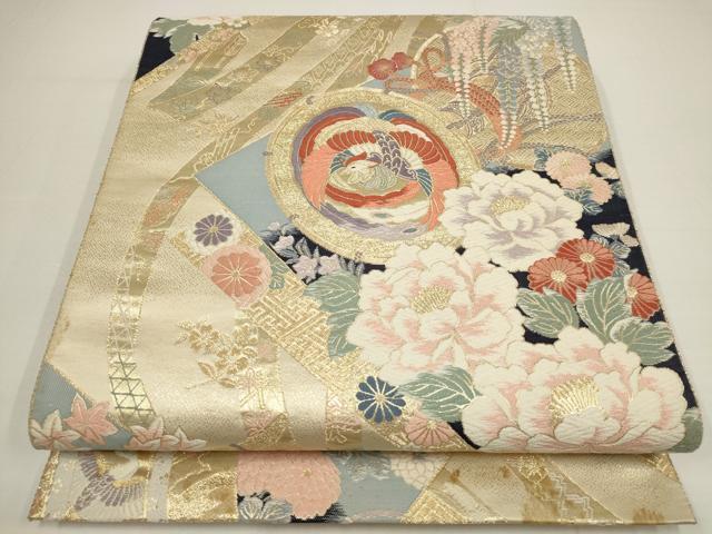 平和屋着物▼六通柄袋帯 唐織 花鳥文 金糸 正絹 逸品 AABA8318wj