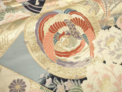 平和屋着物▼六通柄袋帯 唐織 花鳥文 金糸 正絹 逸品 AABA8318wj