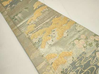 平和屋着物▼佐賀錦 六通柄袋帯 流水枝梅文 金糸 正絹 逸品 AABA8322wj
