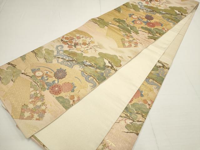 平和屋着物▼六通柄袋帯　加賀松禽　松竹梅　金糸　正絹　逸品　AABA8332wj